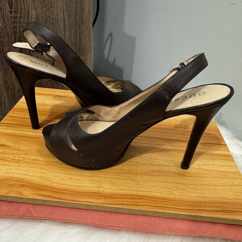 Guess Espresso Peep-Toe Slingback Heels